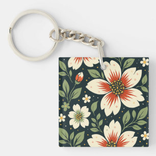 Crèmebloemen met rode centra en groene bladeren sleutelhanger