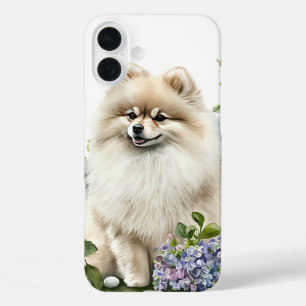 CRÈMEKLEURIGE POMERAANSE HOND IN WILDE BLOEMEN iPhone 16 PLUS HOESJE