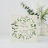 Crèmekleurige vierkante kerstkrans met Sneeuwbes e Feestdagenkaart (Staand voorkant)