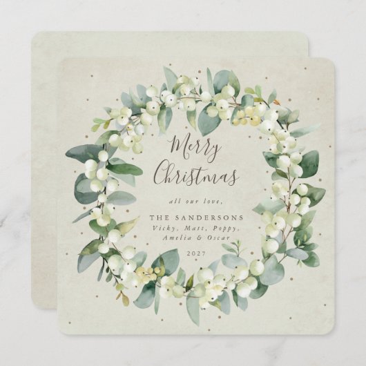 Crèmekleurige vierkante kerstkrans met Sneeuwbes e Feestdagenkaart (Voorkant / Achterkant)