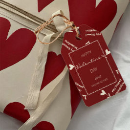 Crèmescript-harten op bordeauxrood - Valentijn-pat Cadeaulabel