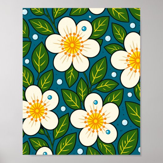 Cremewitte bloemenpatroon met groene bladeren poster (Voorkant)