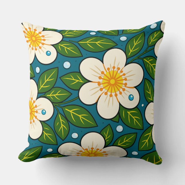 Cremig wit bloemenpatroon met groene bladeren kussen (Voorkant)