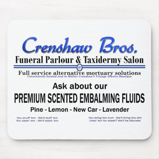 Crenshaw Bros Geparfumeerde Embalming Fluid Promo Muismat (Voorkant)