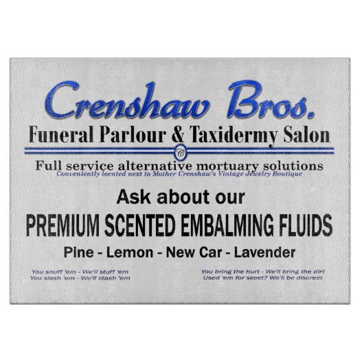 Crenshaw Bros Geparfumeerde Embalming Fluid Promo Snijplank (Voorkant)