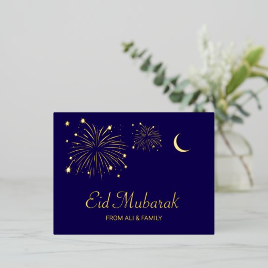 Crescent Firework Gold Foil Eid Mubarak Kaart (Staand Voorkant)