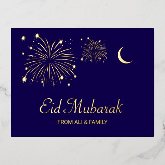 Crescent Firework Gold Foil Eid Mubarak Kaart (Voorkant)