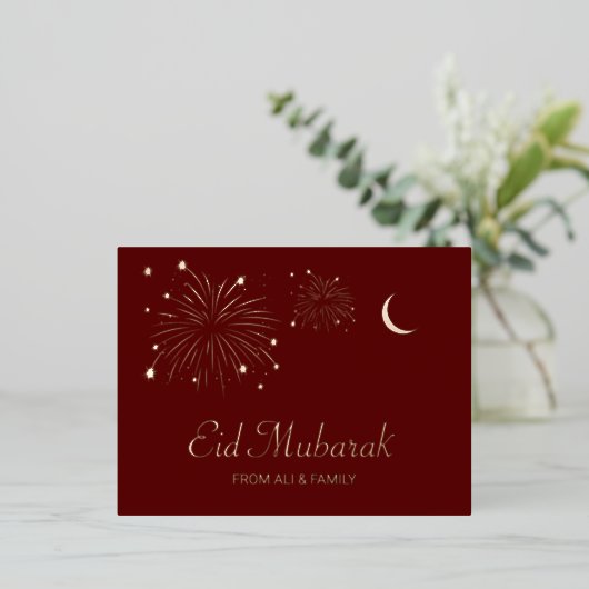 Crescent Firework Roos Gold Foil Eid Mubarak Kaart (Staand Voorkant)