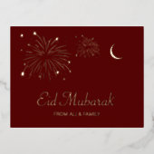 Crescent Firework Roos Gold Foil Eid Mubarak Kaart (Voorkant)