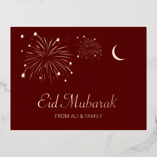 Crescent Firework Roos Gold Foil Eid Mubarak Kaart (Voorkant)