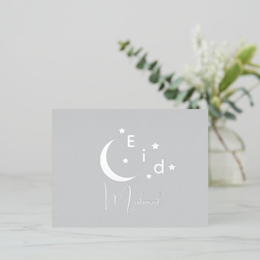 Crescent Luxury Silver Foil Eid Mubarak Kaart (Staand Voorkant)