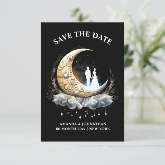 Crescent maan bruids paar silhouet celestisch save the date (Staand voorkant)