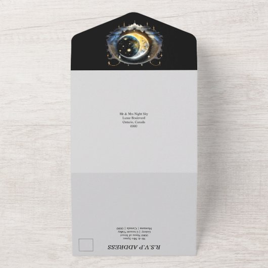 Crescent maan bruids paar silhouet hemellichaam all in one uitnodiging (Buitenkant)