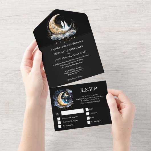 Crescent maan bruids paar silhouet hemellichaam all in one uitnodiging (Afscheurbaar)