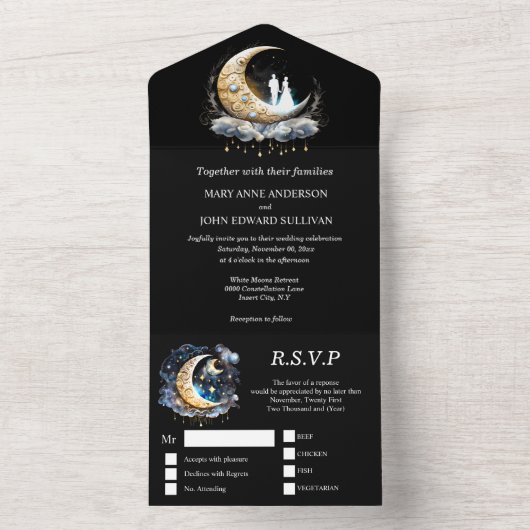 Crescent maan bruids paar silhouet hemellichaam all in one uitnodiging (Binnen)