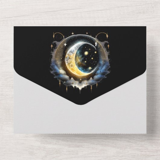 Crescent maan bruids paar silhouet hemellichaam all in one uitnodiging (Achterkant)