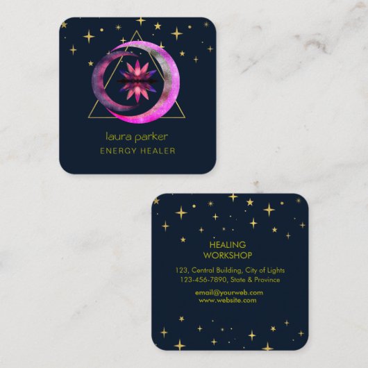 Crescent Maan Mystic Lotus Bloem Healing Energie Vierkante Visitekaartje (Voorkant / Achterkant)