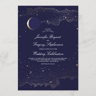 Crescent Moon and Night Stars Navy Wedding Kaart