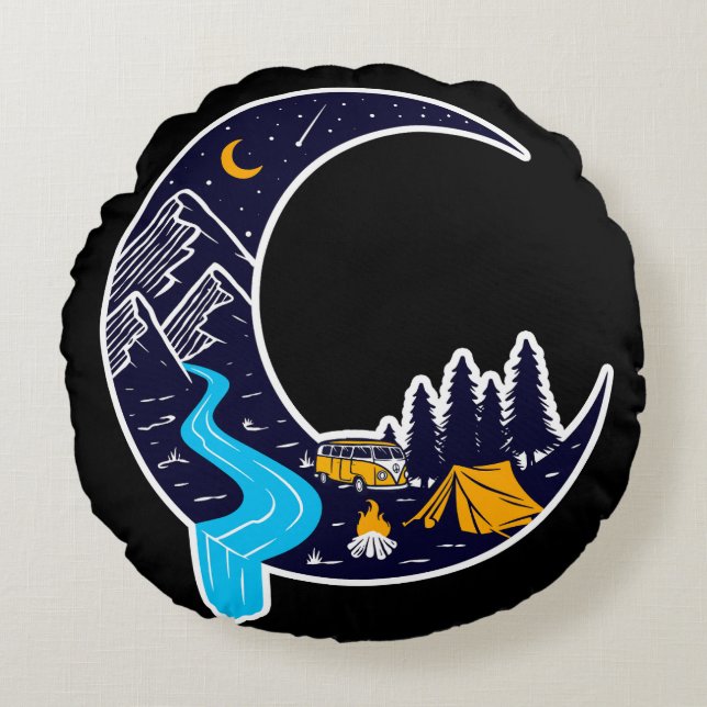 Crescent Moon Avontuur Camping Rond Kussen (Voorkant)