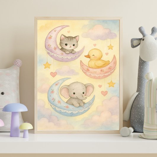 Crescent Moon Baby Animals Baby Girl Nursery Poster
