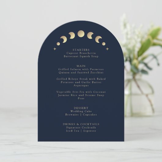 Crescent Moon Blue Arch Wedding Menu Kaart (Staand voorkant)