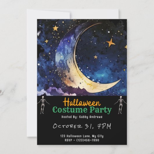 Crescent Moon Blue Sky en Sterren Zwart Halloween Kaart (Voorkant)