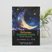 Crescent Moon Blue Sky en Sterren Zwart Halloween Kaart (Staand voorkant)