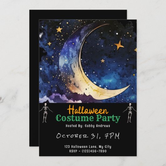 Crescent Moon Blue Sky en Sterren Zwart Halloween Kaart (Voorkant / Achterkant)