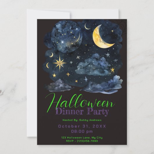 Crescent Moon Blue Wolken Halloween Diner Party Kaart (Voorkant)