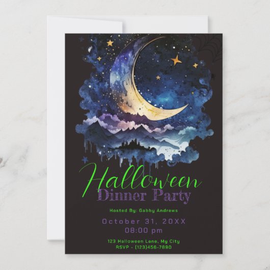 Crescent Moon Blue Wolken Halloween Diner Party Kaart (Voorkant)
