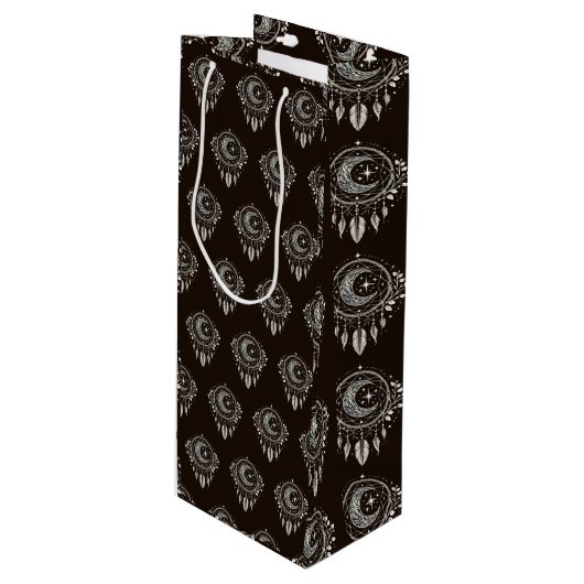 Crescent Moon Golden Dream Catcher op zwart Wijn Cadeautas (Voorkant Gekanteld)