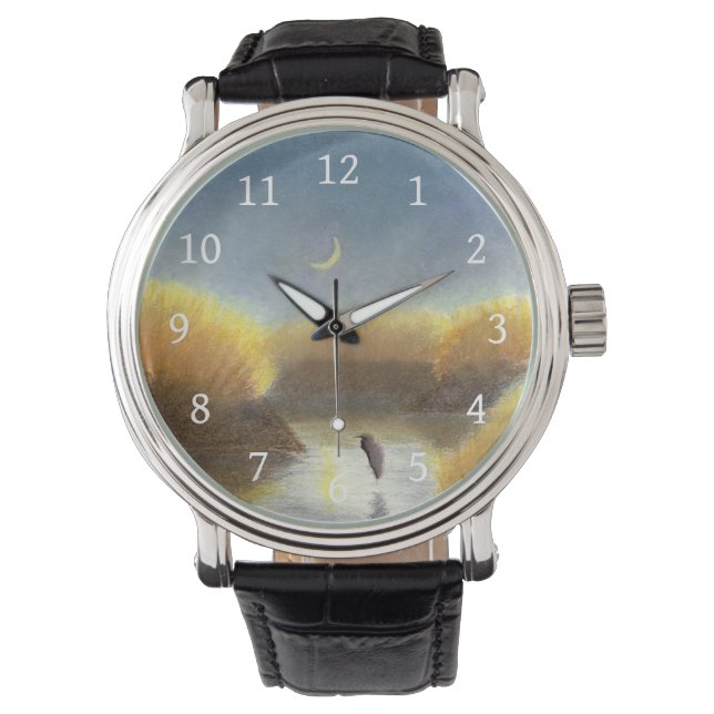 Crescent Moon Great Blue Heron Marsh Watch Horloge (Voorkant)