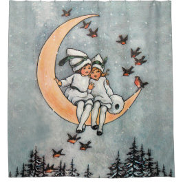 Crescent Moon Kinder Snowy Vintage Kerstmis Douchegordijn