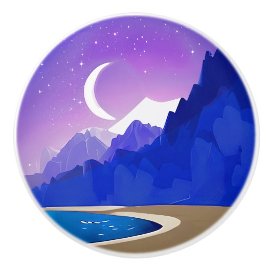 Crescent Moon, Lake en Mountains in Violet & Blue Keramische Knop (Voorkant)