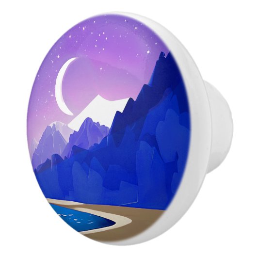 Crescent Moon, Lake en Mountains in Violet & Blue Keramische Knop (Rechts)