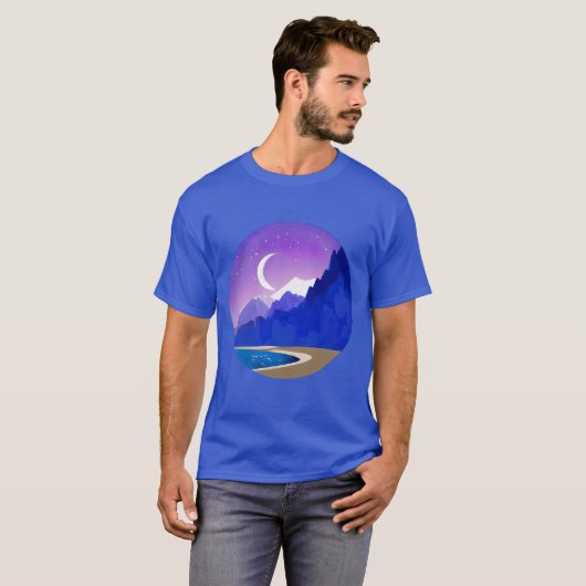 Crescent Moon, Lake en Mountains in Violet & Blue T-shirt (Voorkant volledig)