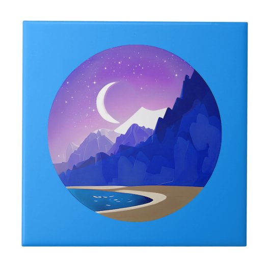 Crescent Moon, Lake en Mountains in Violet & Blue Tegeltje (Voorkant)