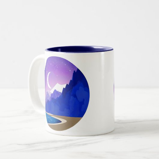 Crescent Moon, Lake en Mountains in Violet & Blue Tweekleurige Koffiemok (Voorkant links)