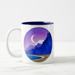 Crescent Moon, Lake en Mountains in Violet & Blue Tweekleurige Koffiemok