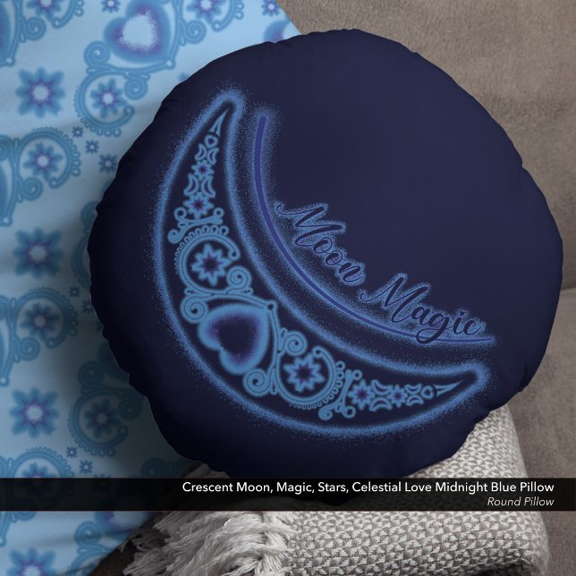 Crescent Moon Magic Stars Celestial Midnight Blue Rond Kussen (Crescent Moon Magic Stars Celestial Love Midnight Blue Round Pillow)