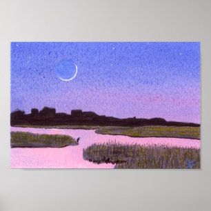 Crescent Moon Marsh & Heron Poster