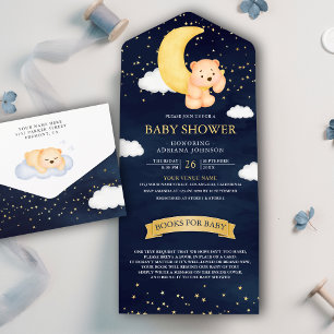 Crescent Moon Navy Blauwe Teddibeer Baby Shower All In One Uitnodiging