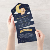 Crescent Moon Navy Blue Teddy Bear Baby shower All In One Uitnodiging (Afscheurbaar)