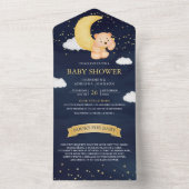 Crescent Moon Navy Blue Teddy Bear Baby shower All In One Uitnodiging (Binnen)