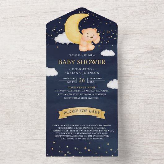 Crescent Moon Navy Blue Teddy Bear Baby shower All In One Uitnodiging (Binnen)