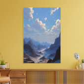 Crescent Moon Over Misty Mountain Valley Canvas Afdruk (Insitu (Woonkamer))