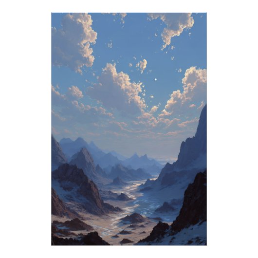 Crescent Moon Over Misty Mountain Valley Foto Afdruk (Voorkant)