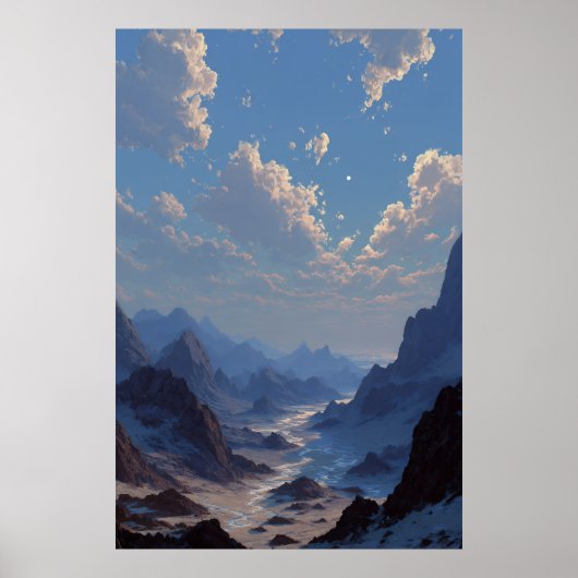 Crescent Moon Over Misty Mountain Valley Poster (Voorkant)