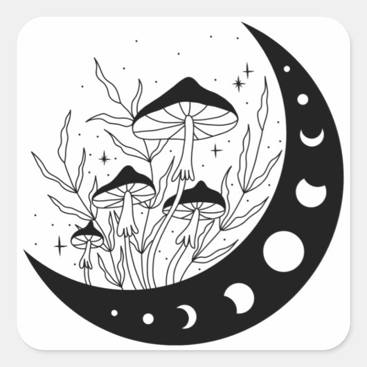 Crescent Moon & paddenstoelen Vierkante Sticker (Voorkant)