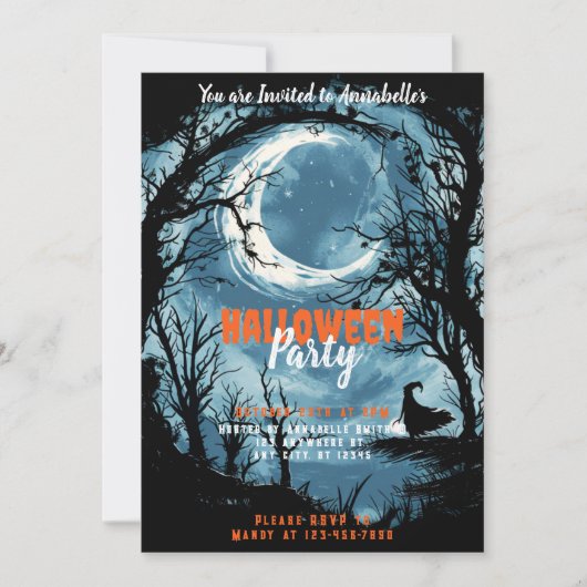 Crescent Moon Sky Witch Stars Halloween Party Kaart (Voorkant)